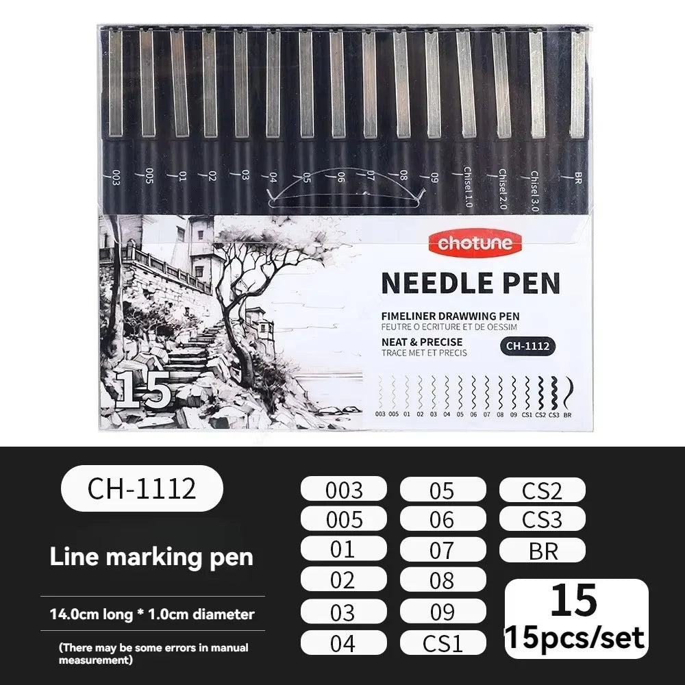 Black Micro Fine Pens,15 Sizes,Waterproof Archival Ink,Fine Tip Manga Markers for Artist Anime Sketch Technical Qme 15 Pcs Set