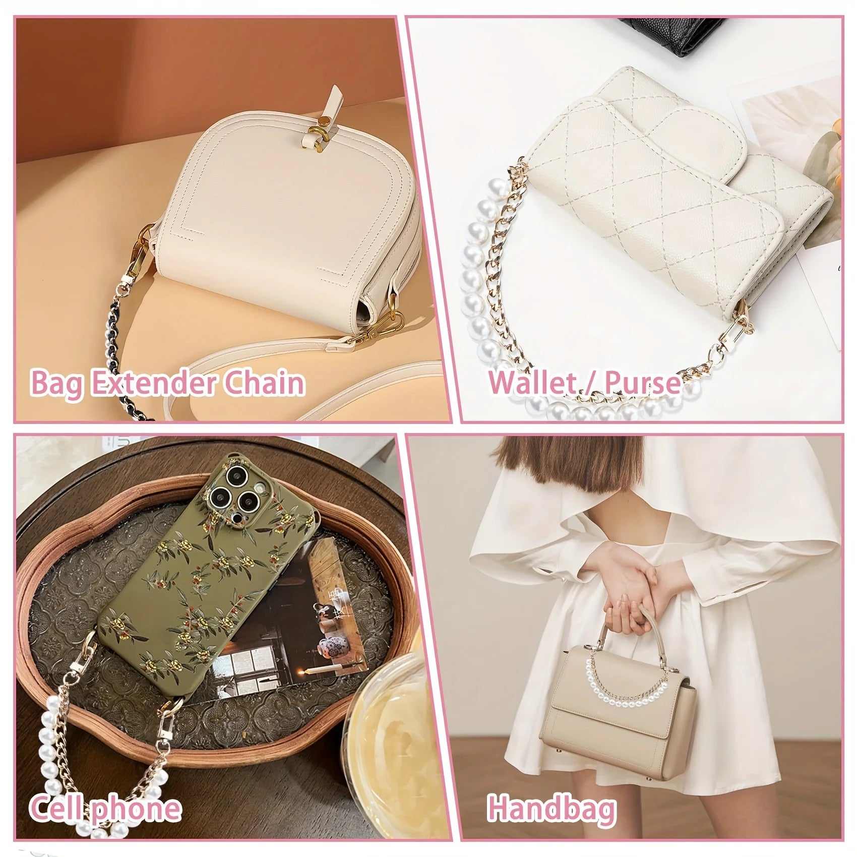 Pearl Purse Extender Chain Bag Imitation Pearl Short Handle Replacement Bag Chain Strap for Handbags Decoration Qme