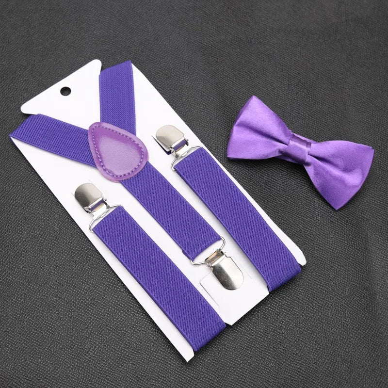 Kids Suspenders for Pants Bowtie Set Matching Tuxedo Suit Boy Girl Childs Black Adjustable Y-Back Brace Belt Wedding Accessories Qme plum
