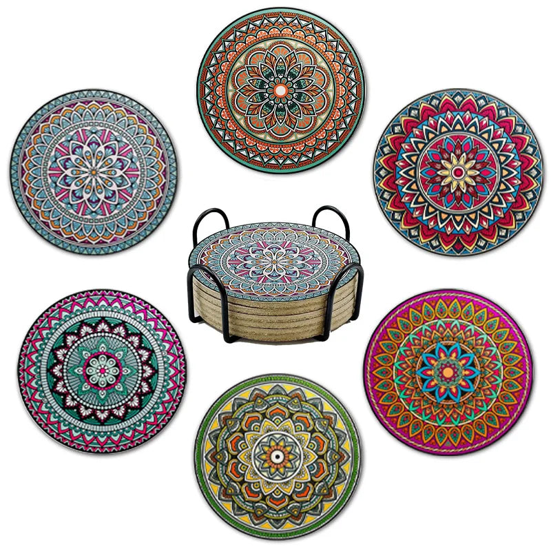 Vintage Sunflower Drink Coasters Holder Absorbent Wood Coaster Qme Wood 6Pcs Colorful