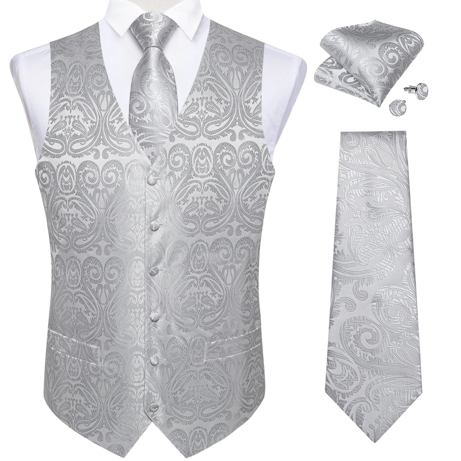 Men's Formal Suit Vest & Tie Set – Waistcoat with Necktie Pocket Square, Perfect for Weddings and Business Events Qme