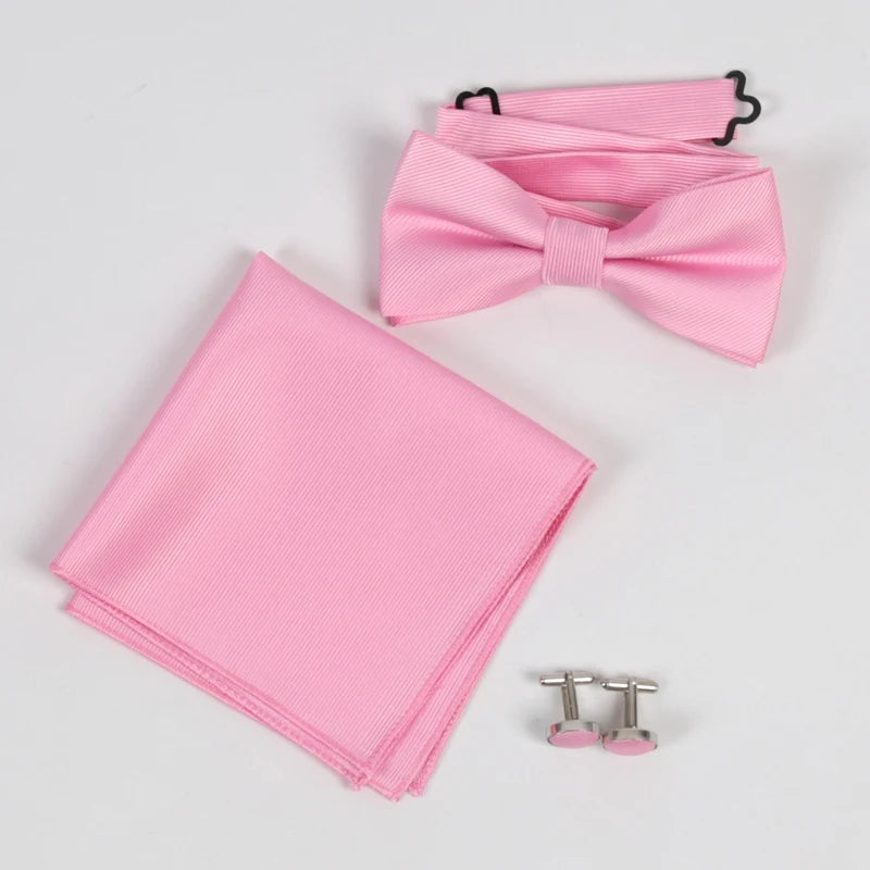 Men's Solid Bow Tie Sets Including Exquisite Cufflinks Soft Qme pink