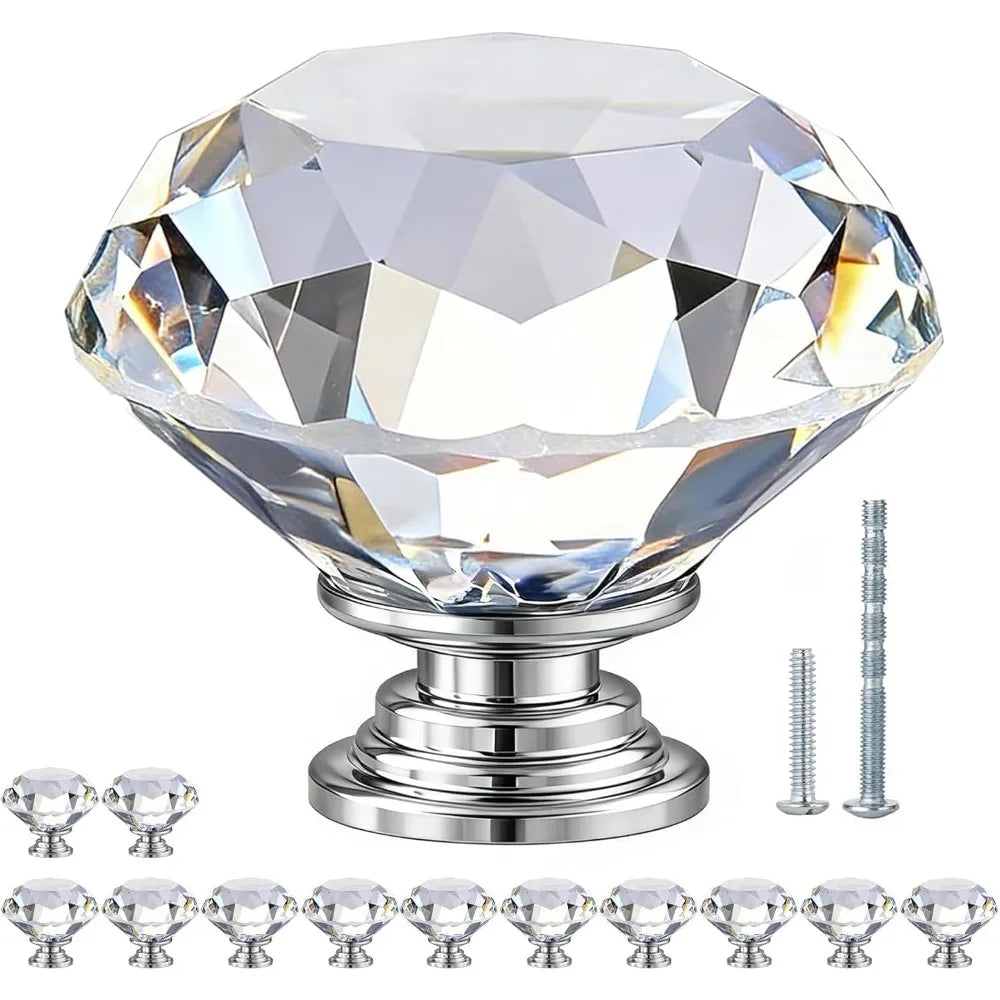 Diamond Crystal Cabinet Knobs, Clear Glass Drawer Pull Handles With Screws For Dresser Wardrobe Cupboard Qme