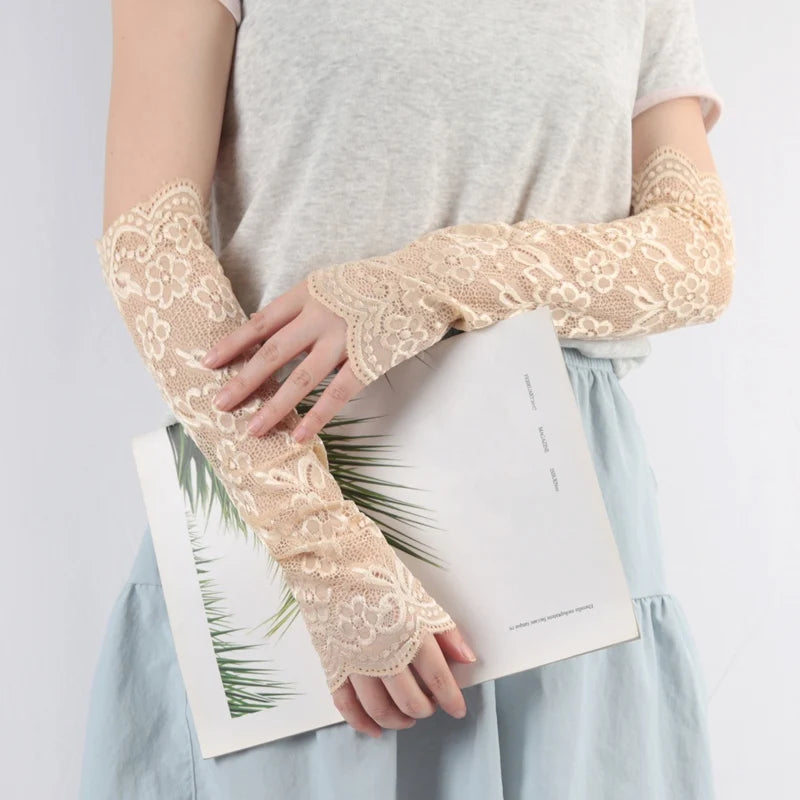 Women Long Lace Fingerless Gloves Flower Sun Protection Arm Sleeves Qme Beige One Size