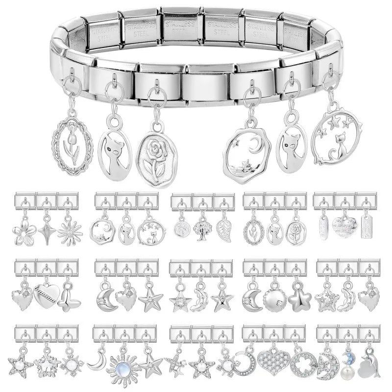 Wholesale Shiny Blue Sun Zircon Stars Moon Sereis Pendant Italian Charm Links Fit 9mm Stainless Steel Bracelet Women DIY Making Qme