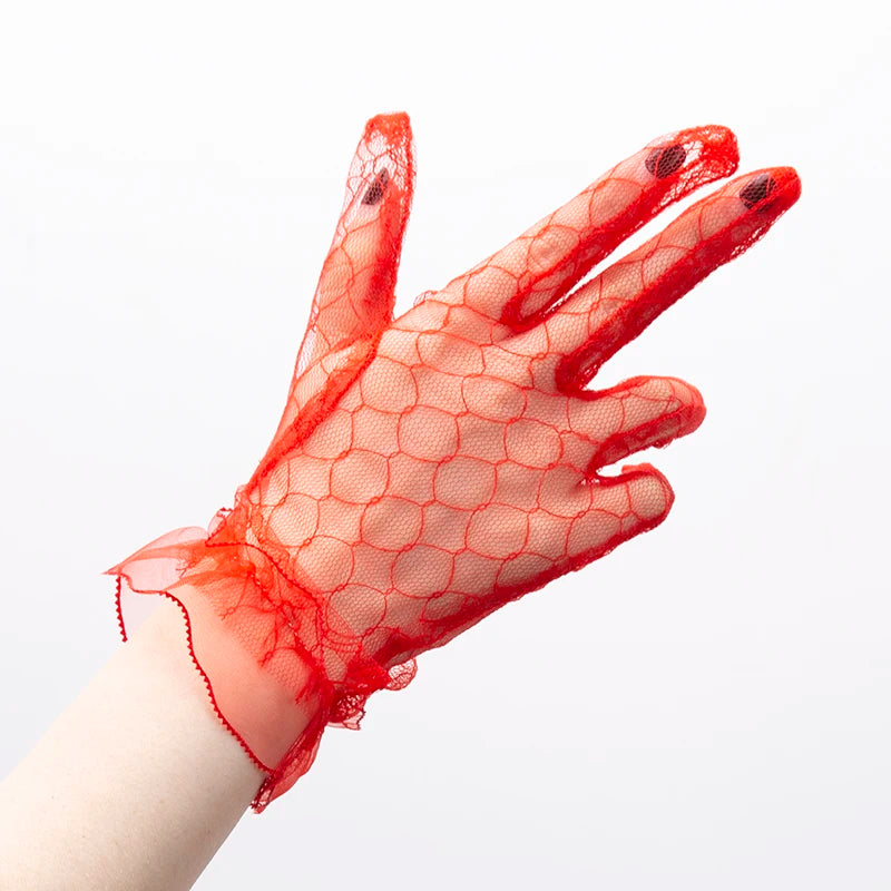 1 Pair Women Sexy Lace Fashion Black Gloves Transparentes Mesh Tulle Qme Red One Size