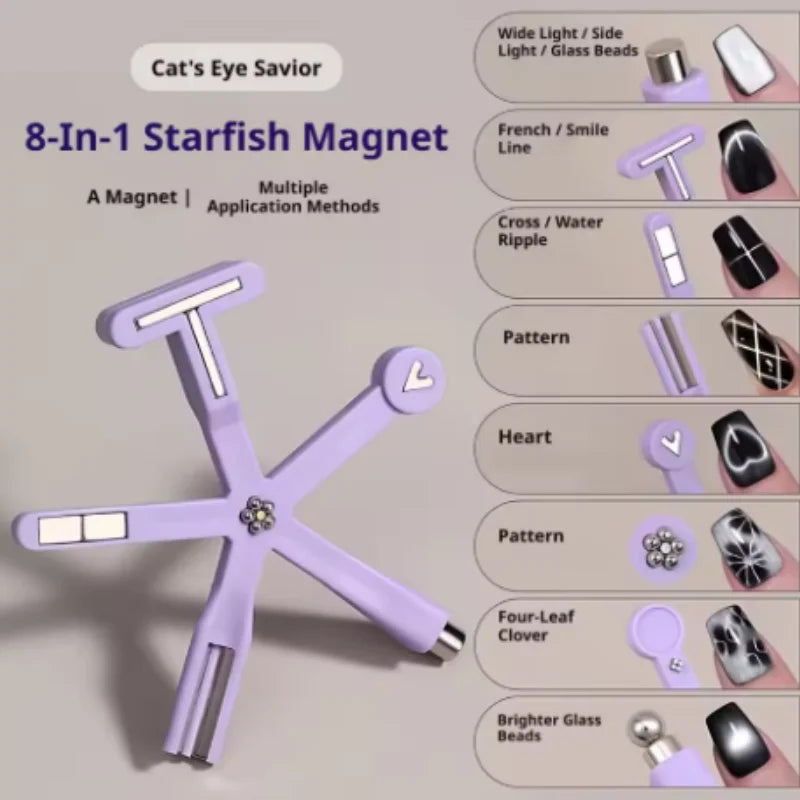 8 in 1 Cat Eye Nail Magnet Multi Functional Starfish Cat Eye Magnet for Nail French Flower Heart Magnet for Cat Eye Gel Polish Qme