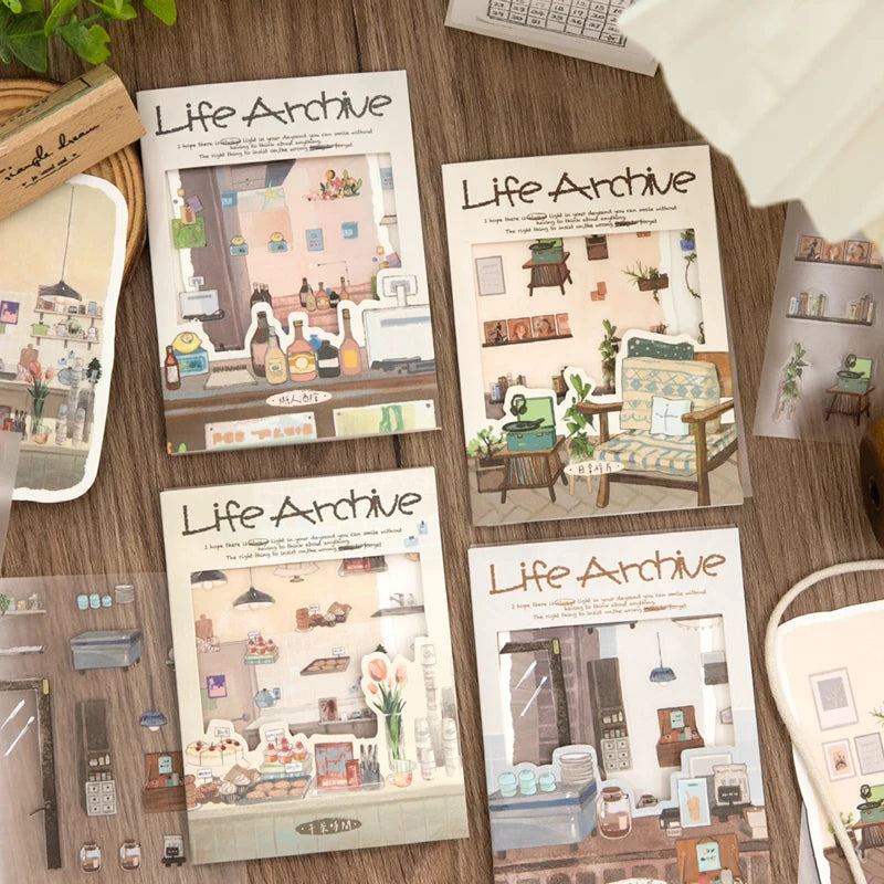Life Archive Healing Scene Stickers, 4 Bags Set, Cozy Home Illustrations, Relaxing DIY Crafts for Journal Lovers Qme
