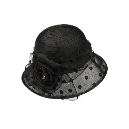 Floral Organza Sun Hat Elegant Wide Brim Bucket Hat UPF 50+ Breathable Flower Vacation Style Beach Sun Hat Qme BK