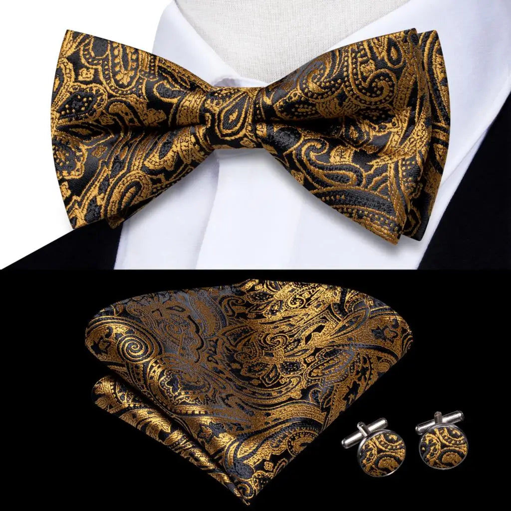 Beige Champagne Gold Mens Bow Tie Hanky Cufflinks Set Jacquard Floral Pre Tied Butterfly Bowtie for Male Wedding silk Business Qme LDLH0576
