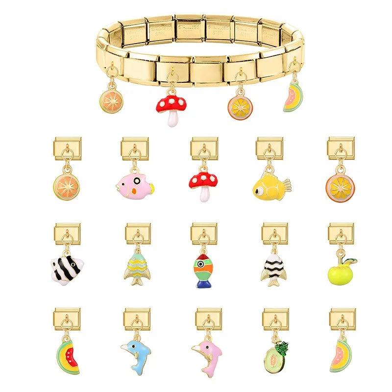 2025 Women Gift Fish Dolphin Fruits Mushroom Italian Charms Links Beads Fit 9mm Stainless Steel Modular Modular Bracelet Jewelry Qme