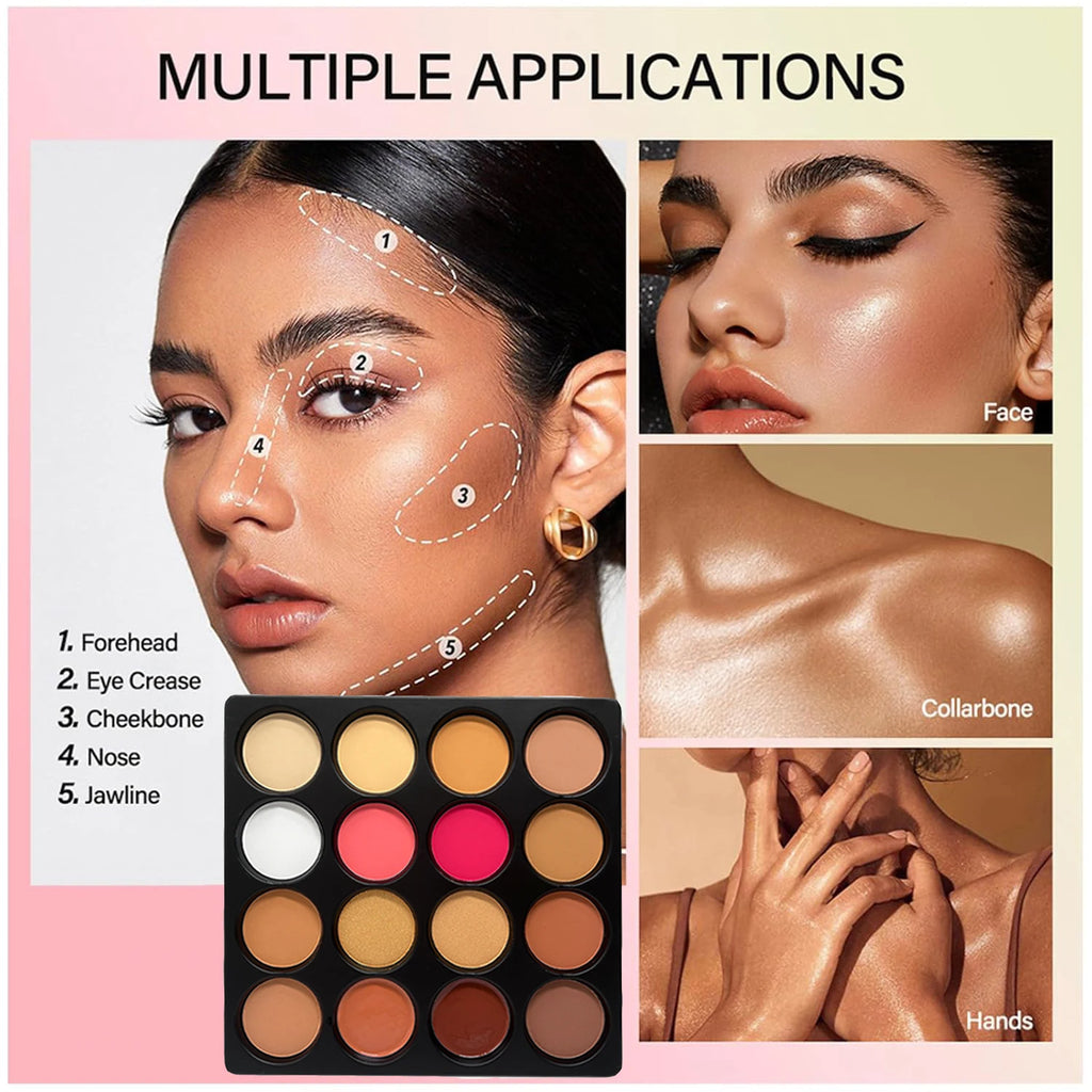 16 Colors Blush Contour Highlighter Makeup Palette , Matte Face Blush Powder for Cheek, Bright Shimmer Bronzer Professional Faci Qme