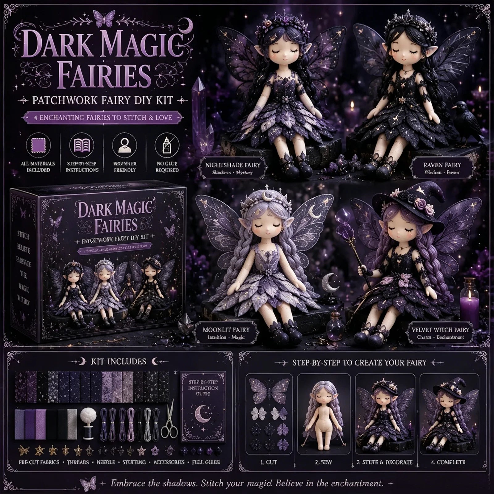 4Pcs Fairy Patchwork DIY Collection Handmade Make Winged Fairies Cloth Figurine Fairy Patchwork Sewing Kit Gift for Craft Lovers Qme