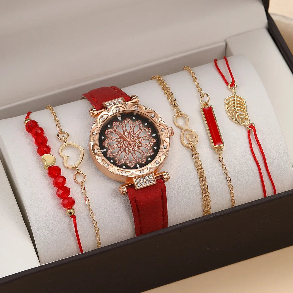 Conjunto de relógio de pulso analógico de couro feminino, pulseira de quartzo feminino, moda feminina, 6pcs Qme Boxes not included 4
