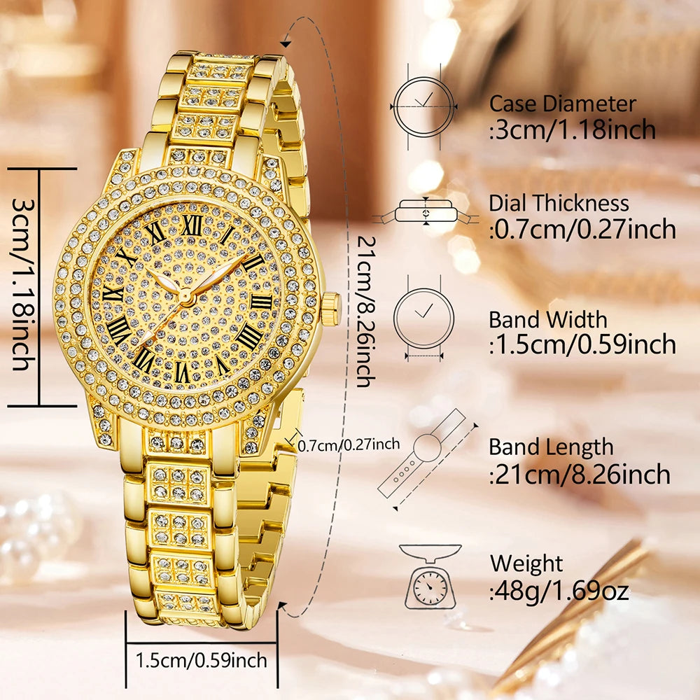 Full Diamond Roman Dial Women's Gold Watch Unlimited Symbol Bracelet Love Bracelet Three Piece Set Accessories Qme