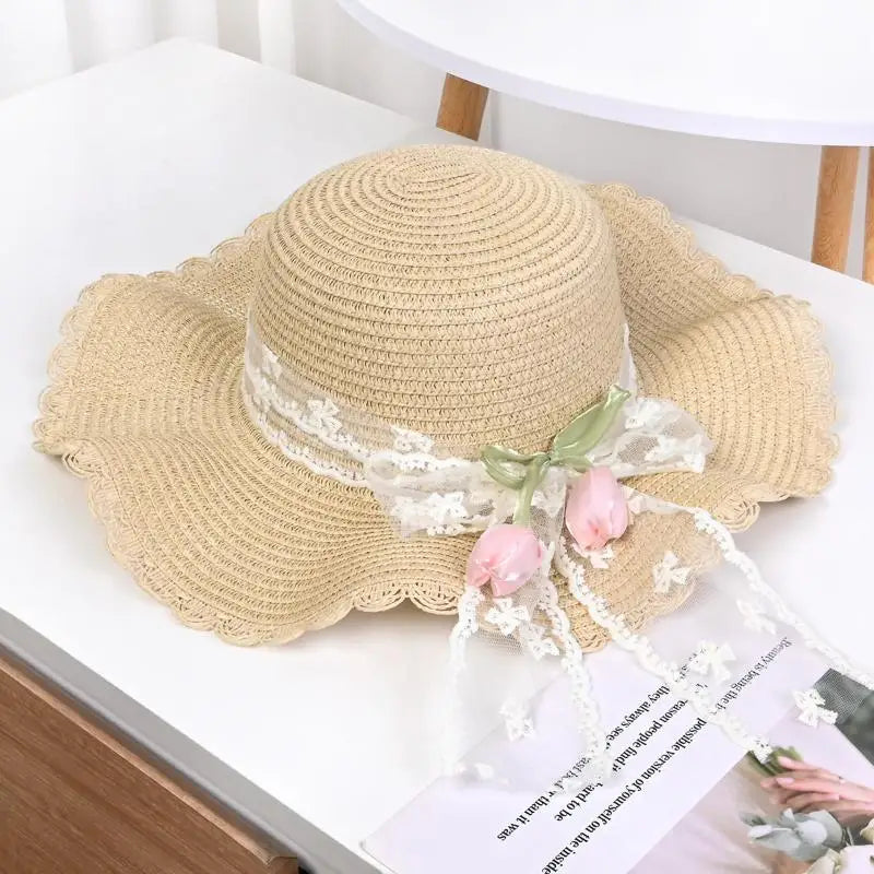 Summer Flower Straw Hat Foldable Sun Wide Large Brim Beach Hats Qme Beige