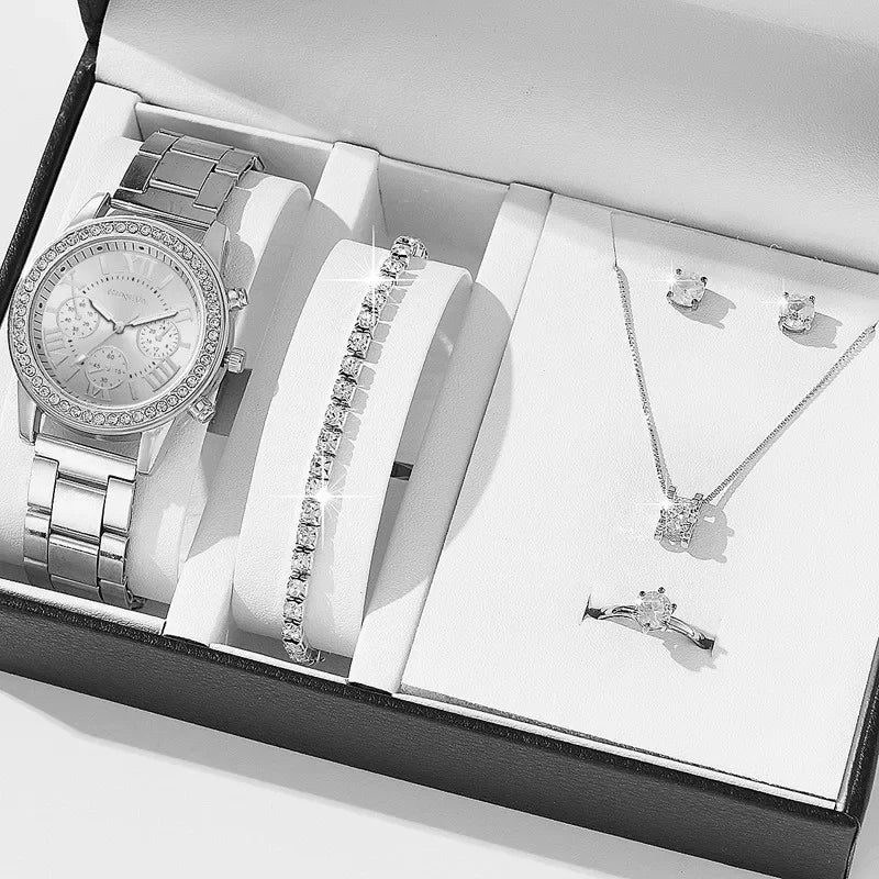 Women Quartz Watch Luxury with Diamonds Simple Stainless Steel Strap Clock Ring Necklace Earrings Rhinestone Set Reloj (no Box) Qme Y5