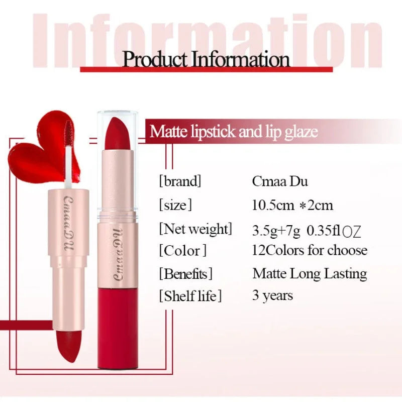 2 In 1 Double-ended Lipstick Lip Liner Pen Matte Pigment Non-stick Cup Skin Color 24H Lasting Waterproof Makeup Beauty Cosmetics Qme