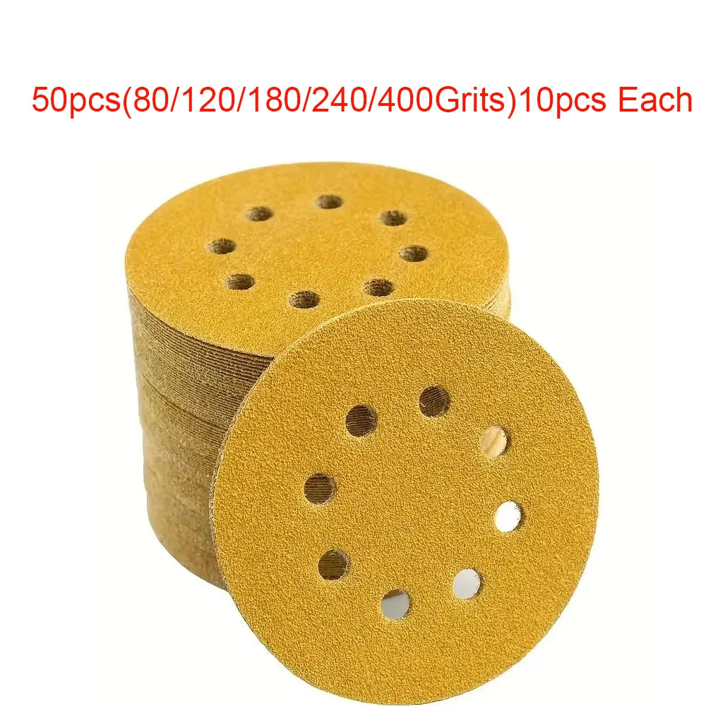 20Pcs Yellow Sanding Discs Assorted Grits 8 Holes 5Inch Sanding Disc Abrasive Tools Hook Loop Sandpaper Loop Sanding Disc Qme 50PCS