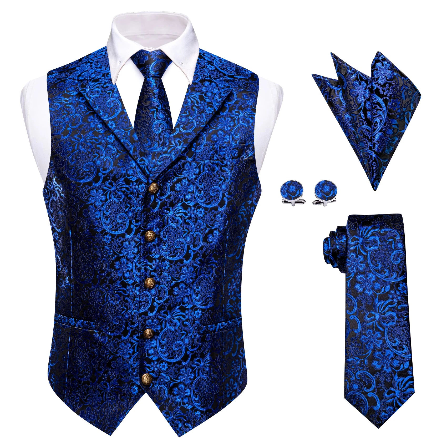 Mens Royal Red Floral Suit Vest Tie Hanky Cufflinks Set Paisley Waistcoat Necktie for Male Wedding Busniess Qme MJ-9011 M