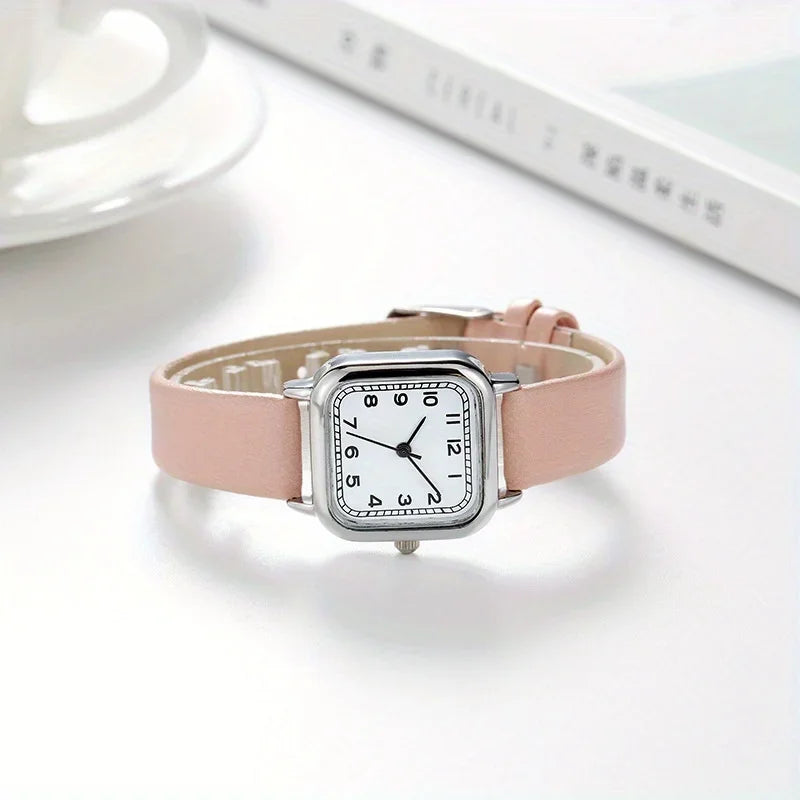 Casual Square Pointer Quartz Watch Analog PU Leather Wristwatch For Women Girls Students Qme Pink No
