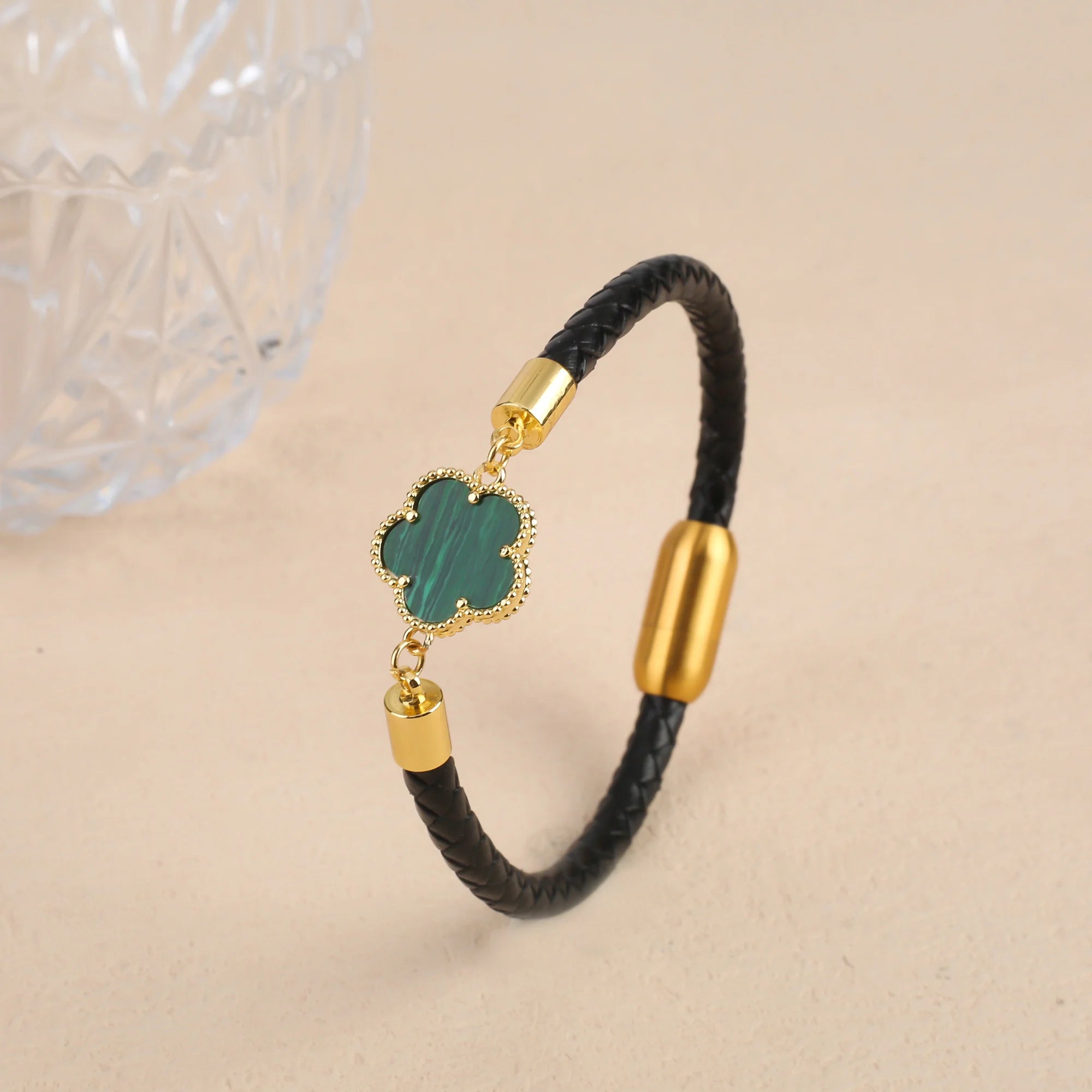 10 Colors Natural Gem Five-Leaf Flower Leather Bracelet Stainless Steel Magnetic Buckle for Women Flower Jewelry Free Shipping Qme