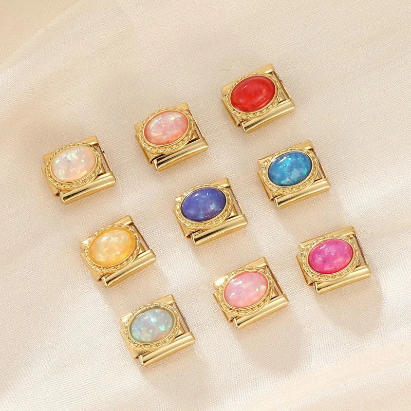 Gold Color Premium Colorful Oval Gems Italian Charm Link Fit 9mm Stainless Steel Bracelet Women Men DIY Making Gifts Wholesale Qme