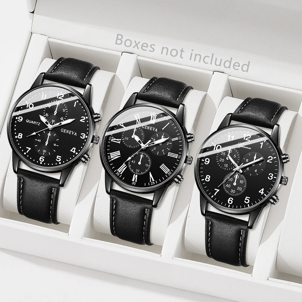 3pcs Geneva men's leather strap watch with three eyes mesh strap quartz watch Qme black