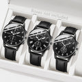 3pcs Geneva men's leather strap watch with three eyes mesh strap quartz watch Qme black
