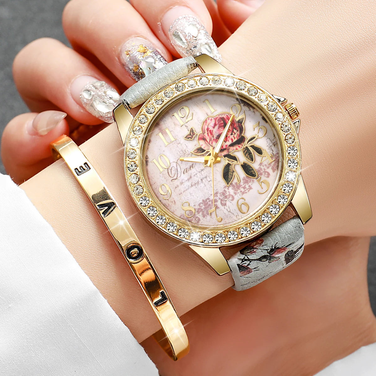 Sweet Dating Floral Print Leather Watch Set, 4-in-1 Marble Stone Charm Bracelets & Crystal Wristwatch Gift for Girls Qme Flower 2PC A No Box