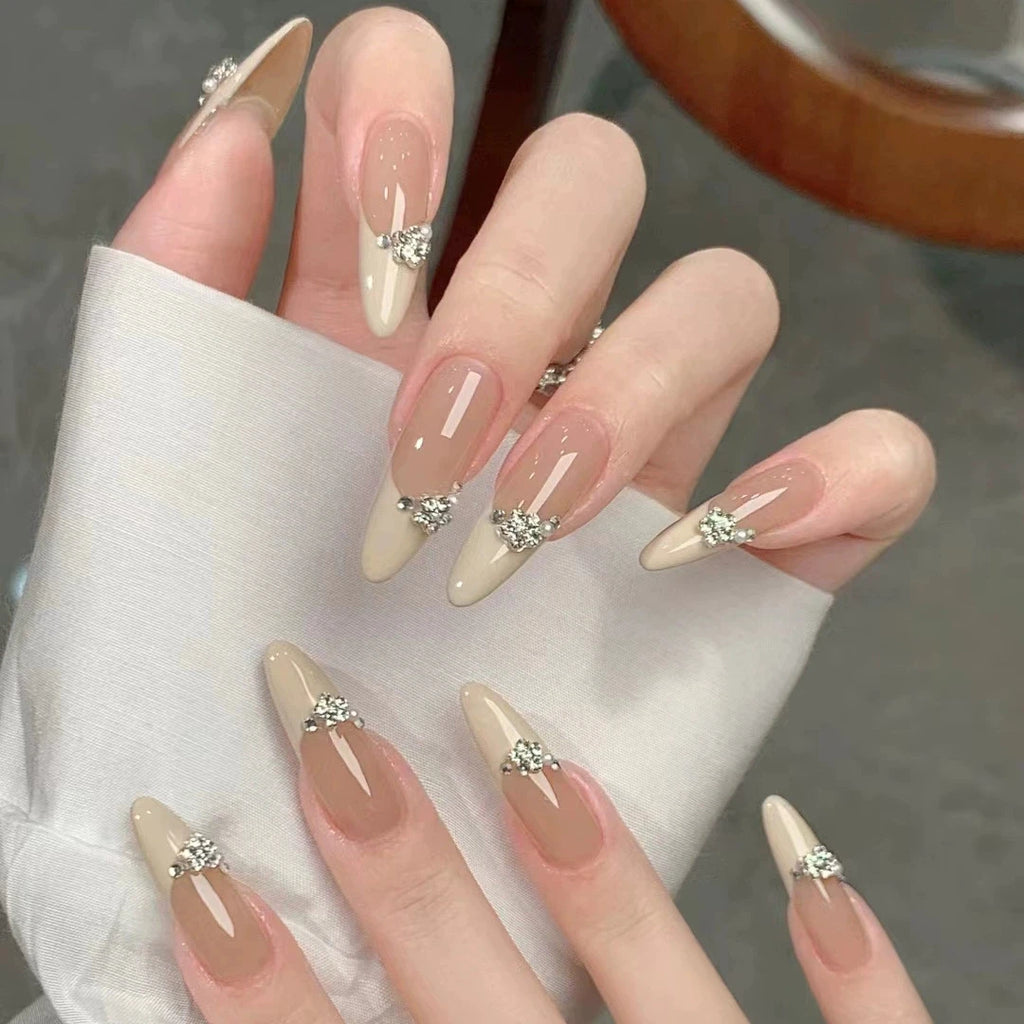 Brazil Pink Ballet Fake Nails Full Cover Nail Tips Long Ballet False Nails with Rhinestone Chain Design Wearable Press on Nails Qme