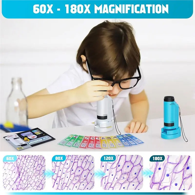 A02F-Mini Handheld Microscope For Kids 60X-180X Zoom LED Portable STEM& Science , Pocket Little Scientist Qme
