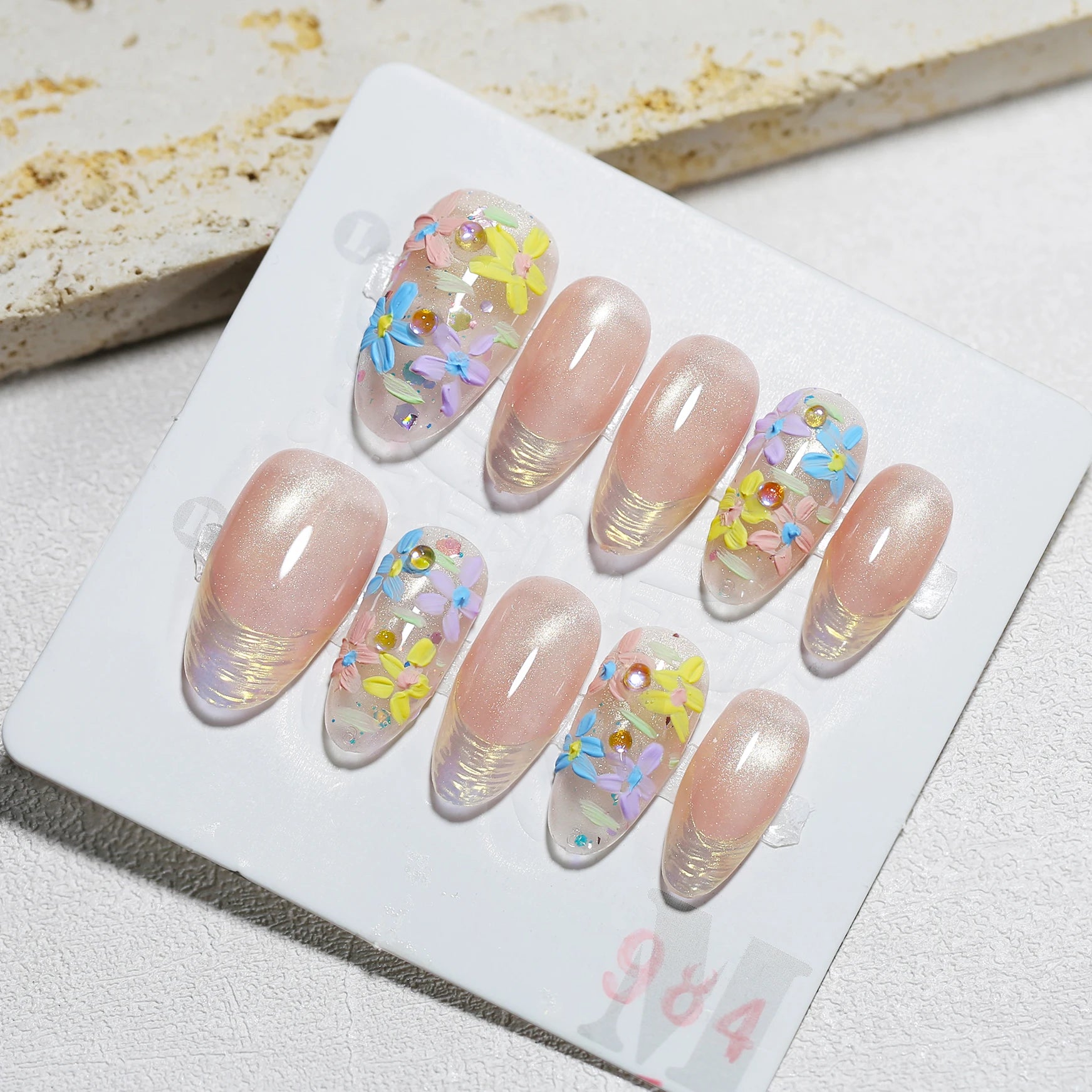 Rainbow Cat Eye Handmade Medium Square Fake Nails Grid Sweet Patterns Qme GJ-CDJ-984-M