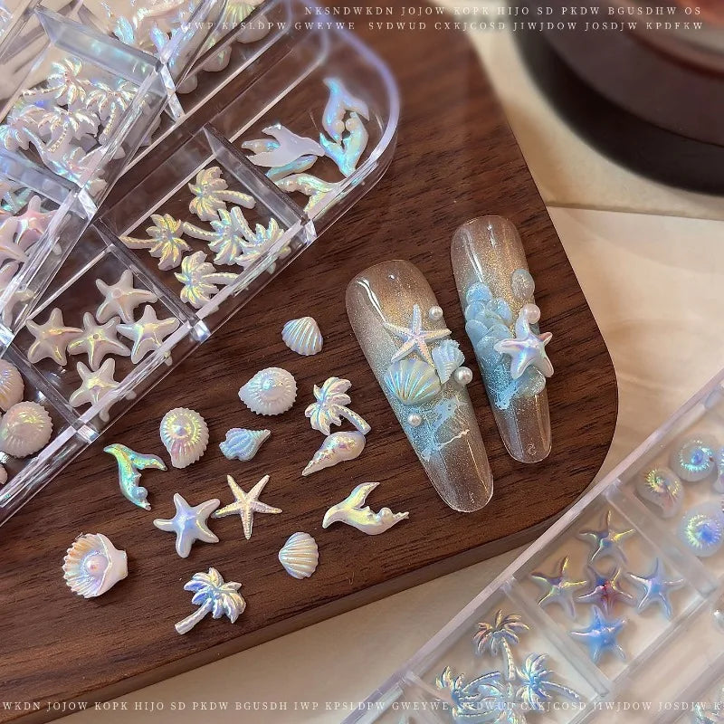 Mixed Aurora Shell Nail Charms Ocean Series Starfish Conch Coconut Tree Resin Nail Art Decorations DIY Manicure Accessories Qme