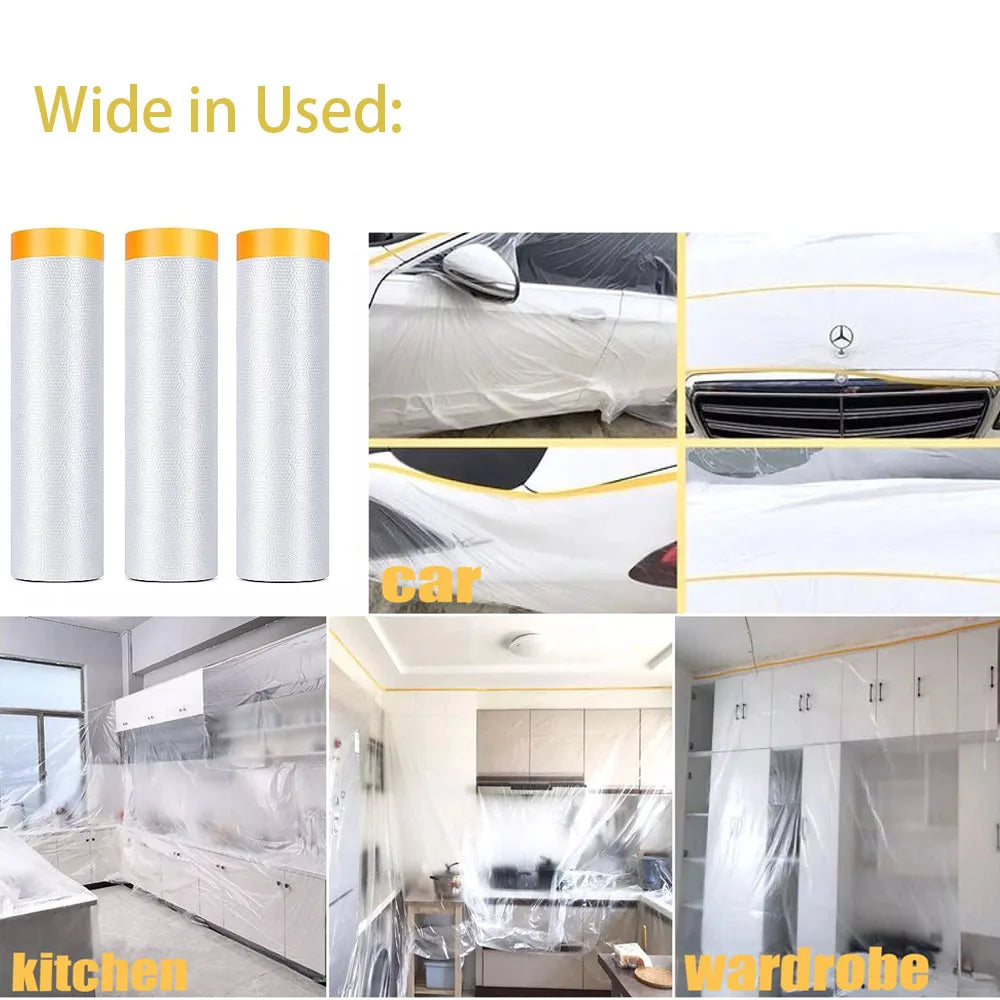 10M Pre-Taped Masking Film Anti Dust Plastic Drop Cloth for Spray Paint Automobile Painting Living Room Furniture Dust-proof Qme