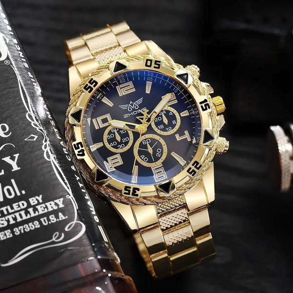 Blue light men's business watch steel strap quartz watch multifunctional digital scale three eye watch hollowed out trendy watch Qme