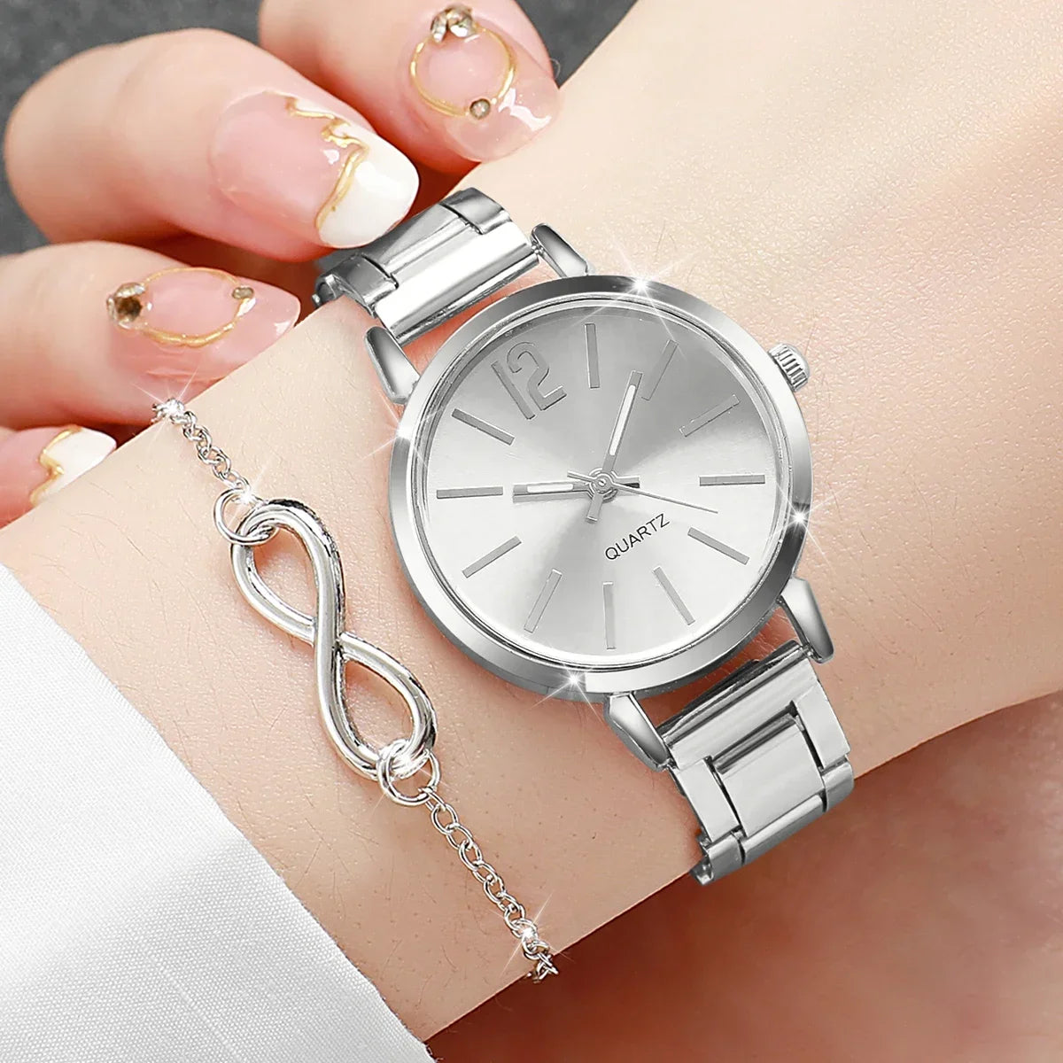 3pcs Temperament Steel Belt Women's Watch Watch Fashion Simple Trendy Women's Quartz Watch Bracelet Set Qme