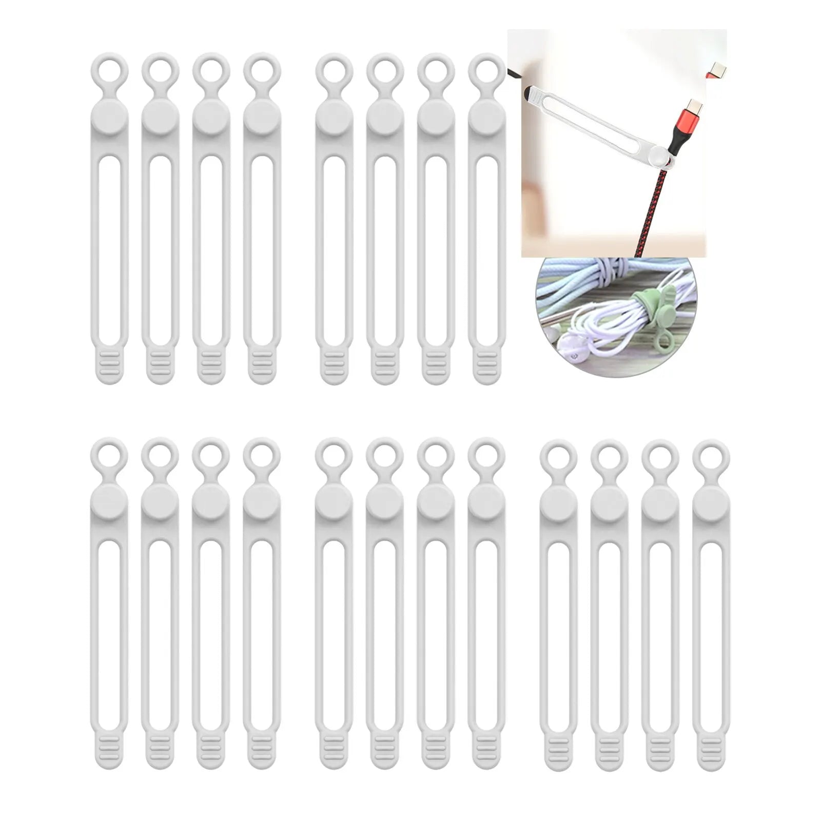 Silicone Cable Ties,Cord Organizer,Cable Straps,Reusable Cord Ties,Travel Cable Organizer ,Cute Elastic Tie, Wire Ties Qme White 20pcs