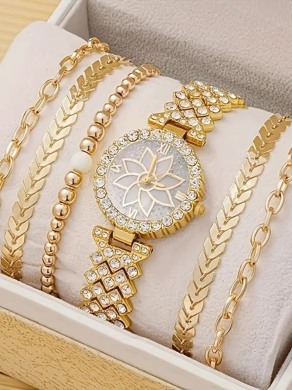 Women Silver Watch Bracelet Set, Full Rhinestone Lotus Dial Quartz Wristwatch + Multi-style Chain Stackable Bracelets JewelryKit Qme Gold No