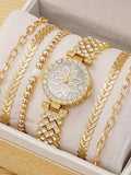 Women Silver Watch Bracelet Set, Full Rhinestone Lotus Dial Quartz Wristwatch + Multi-style Chain Stackable Bracelets JewelryKit Qme Gold No