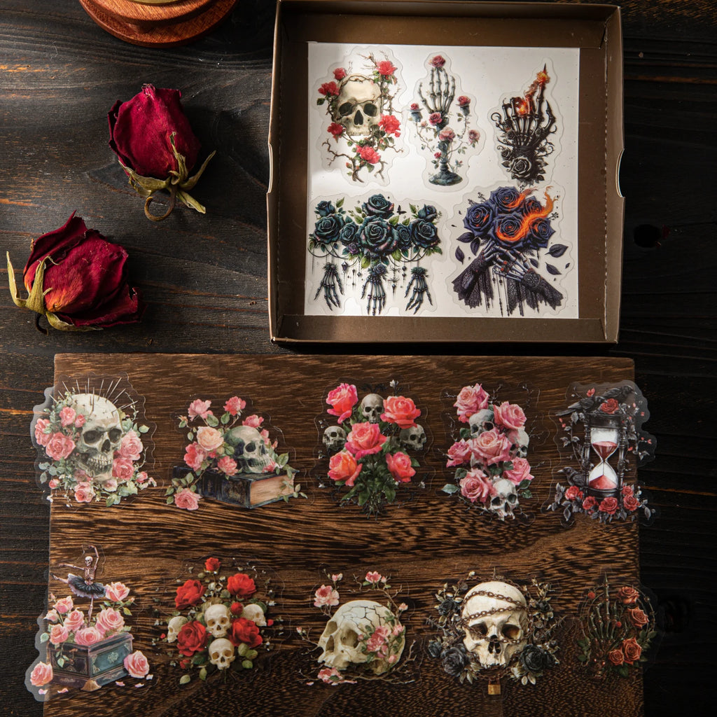 30 Sheets/Bag Dark Gothic Horror Rose Themed PET Sticker Pack for DIY Scrapbook Phone Case Notebook Decoration Craft Qme