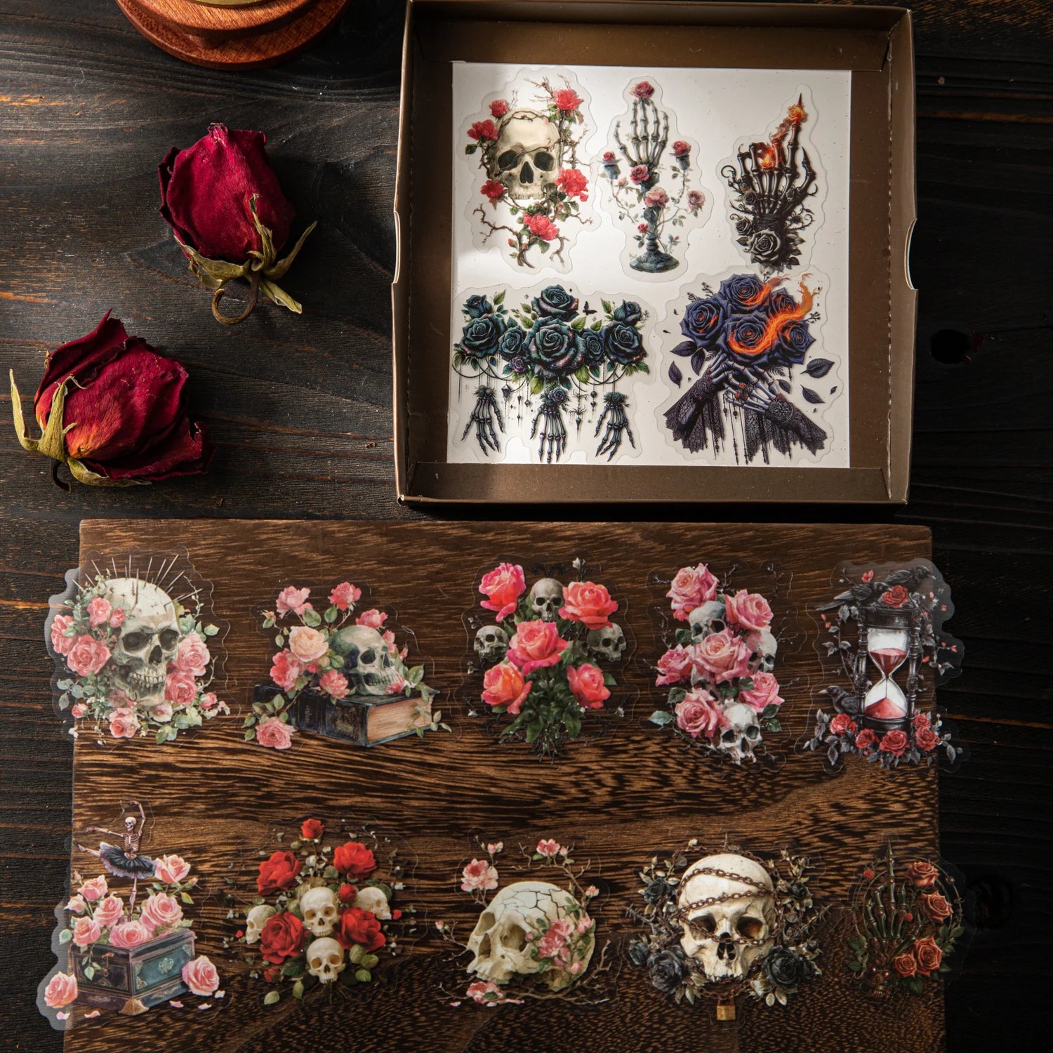 30 Sheets/Bag Dark Gothic Horror Rose Themed PET Sticker Pack for DIY Scrapbook Phone Case Notebook Decoration Craft Qme