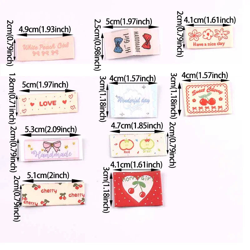 20pcs 18-53mm Assorted Cute Cherry Peach Fabric Labels, Handmade Sew On Tags for DIY Clothes Bags Crafts cp4301 Qme