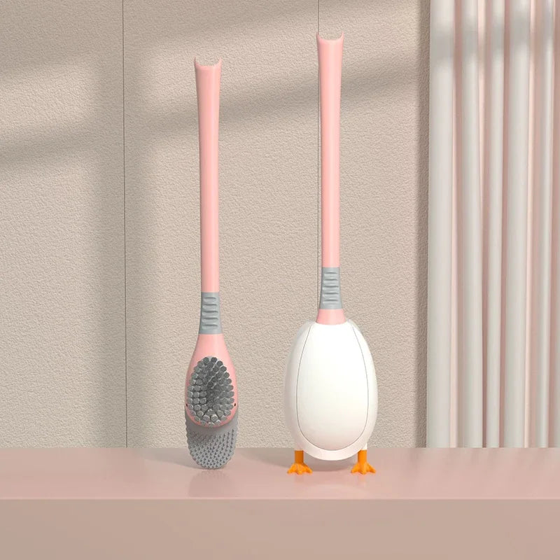 Cute Diving Duck Style Toilet Brush Wall-mounted Floor-Standing Silicone Toilet Brush with Base Bathroom Cleaning Brush Set Qme 01