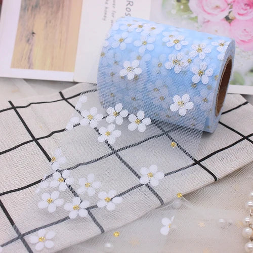 6cm 5Yards Floret Tulle Daisy Ribbon Roll DIY Craft Ribbons for Gift Bow Packaging Cherry Blossoms Printed Mesh Fabric Supplies Qme Blue ribbons 5 yards (4.5m)