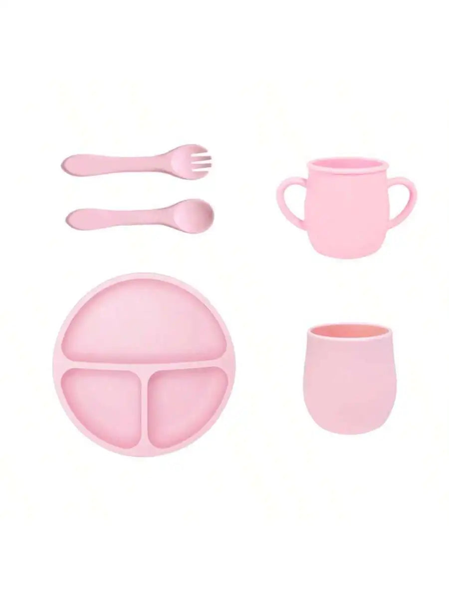 1 Round Dinner Plate Silicone Food Grade Feeding Tableware Drop-proof Qme pink