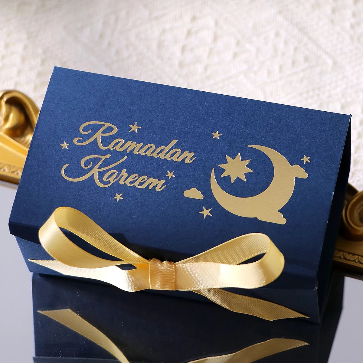 10 Rectangular Multi-Colored Gift Boxes with Gold Crescent and Planet Designs Printed on Them, Specifically Designed for Ramadan, and Adorned with Gold Ribbons — Perfect for Packaging Homemade Sweets, Premium Dates, and Sma Qme 10-Pcs-Blue Other Other
