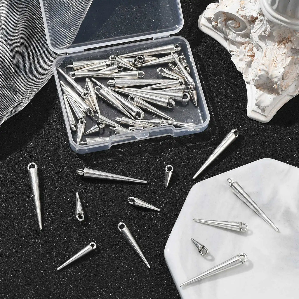 Pandahall 50Pcs 5 Sizes Antique Silver Cone Charms Tibetan Styles Bullet Drop Dangle Earring Charms for DIY Jewelry Making Qme