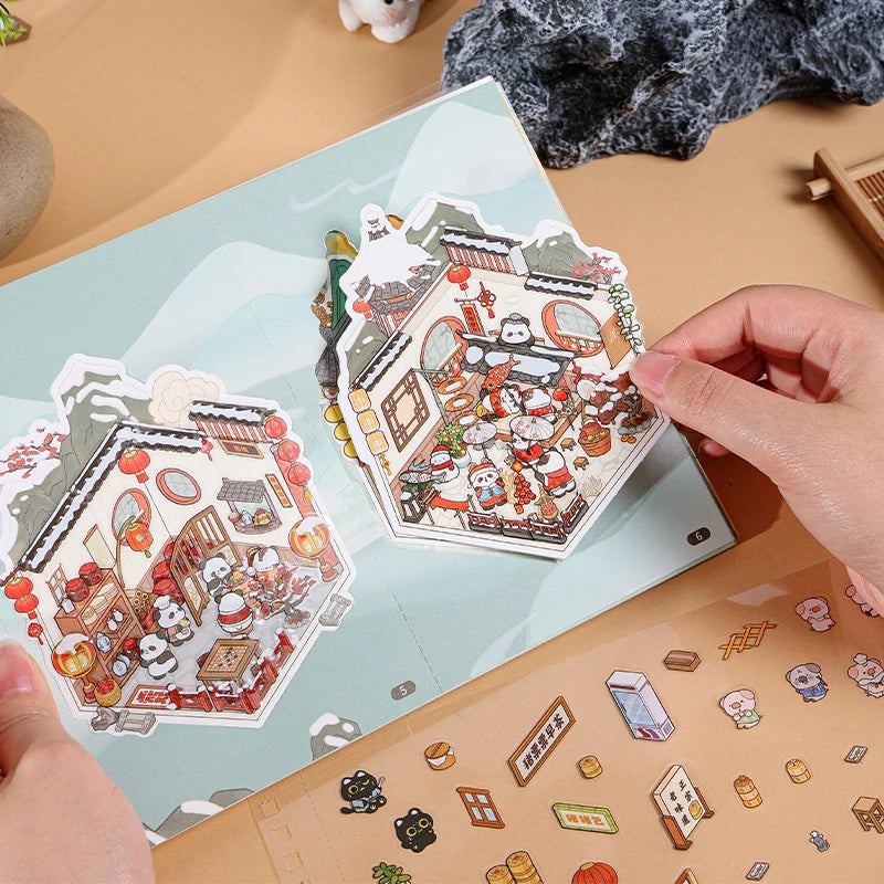 40Pcs Scenes Cartoon Landscape Sticker Book Ancient style building DIY 3D Sticker Cabin Scene Pocket Birthday Gift For Planner Qme