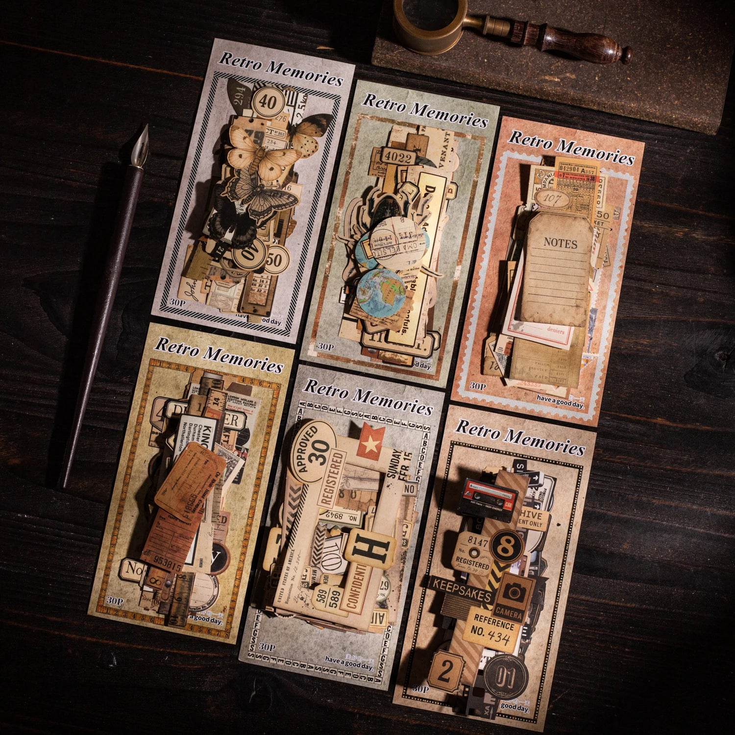 30 Sheets Vintage Memory Series Border Insect Collage Stickers for Scrapbooking DIY Frame Decals Computer Laptop Phone Luggage Qme